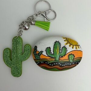 Hand Painted Rock by Elizabeth Harris Art + Rhinestone Cactus Keychain